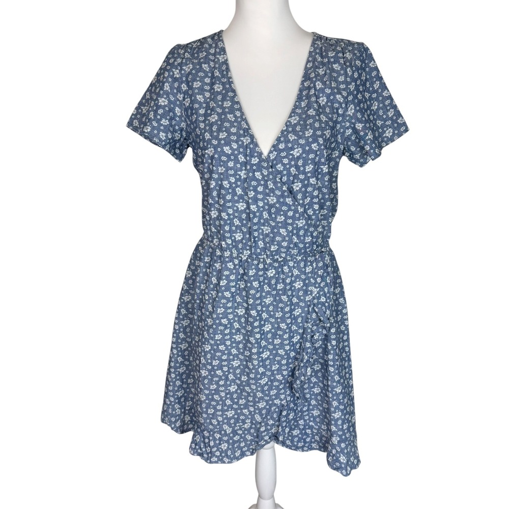 J.Crew Mercantile Womens Blue Floral Faux Wrap Ruffle Mini Dress Small V-Neck - Picture 2 of 7